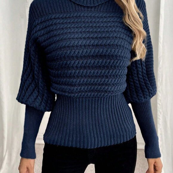 Navy Blue Casual Women's Turtleneck Sweater - Picture 6 of 6